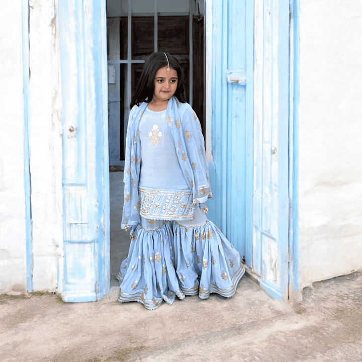 Ice Blue Blockprinted Gharara Set