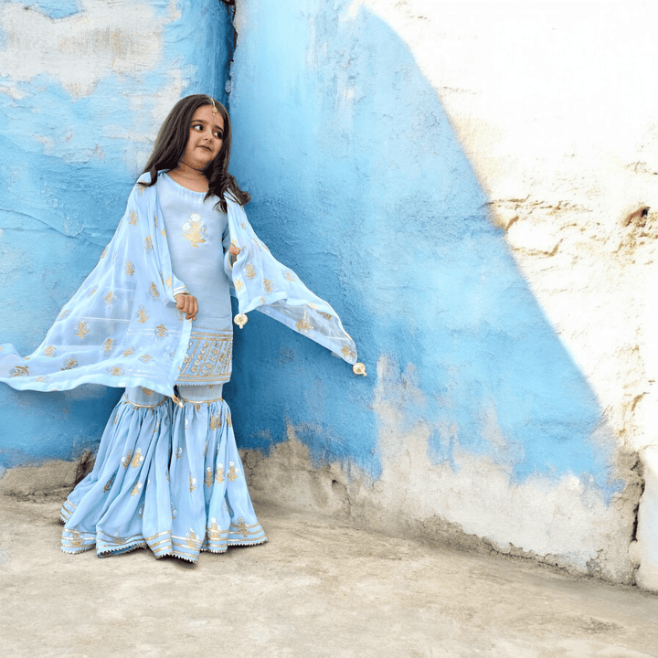 Ice Blue Blockprinted Gharara Set