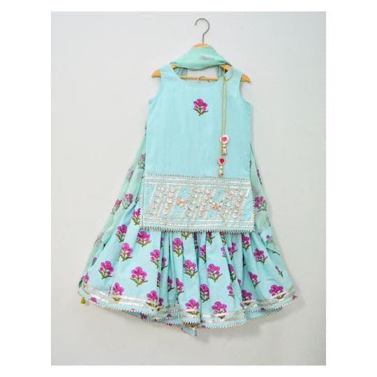 Little Girls Light Turquoise Blockprinted Gharara Set