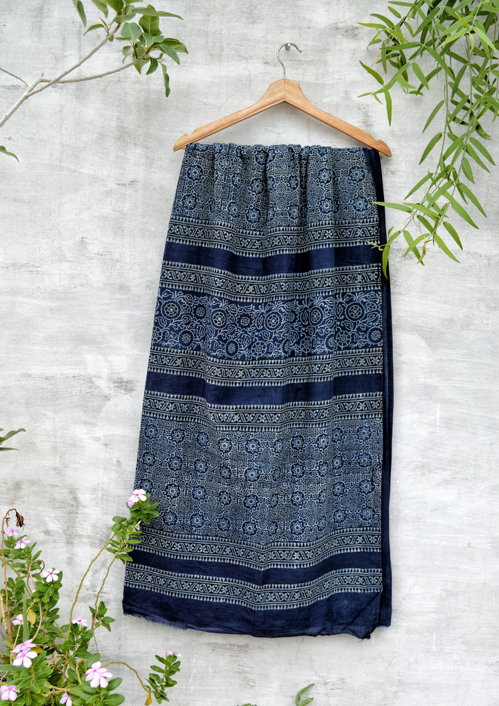 Cotton Mulmul Blockprinted Saari Blue