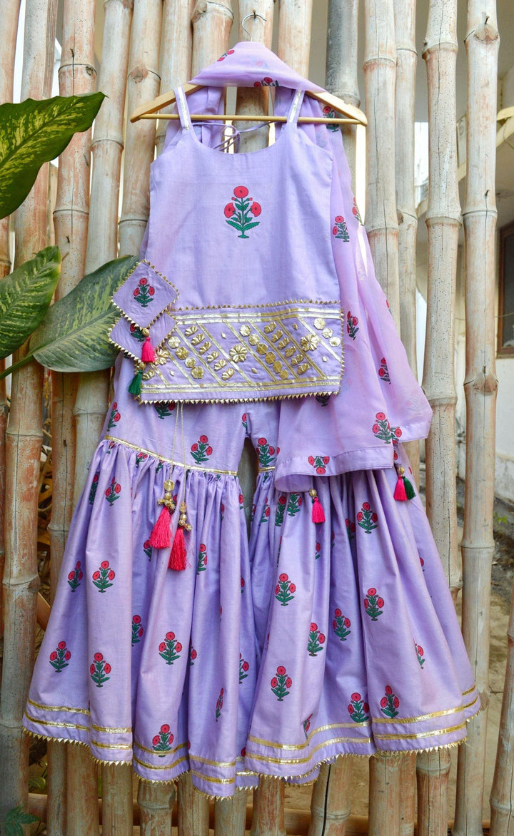 Little Girls Ishq Blockprinted Gharara Set Lavender