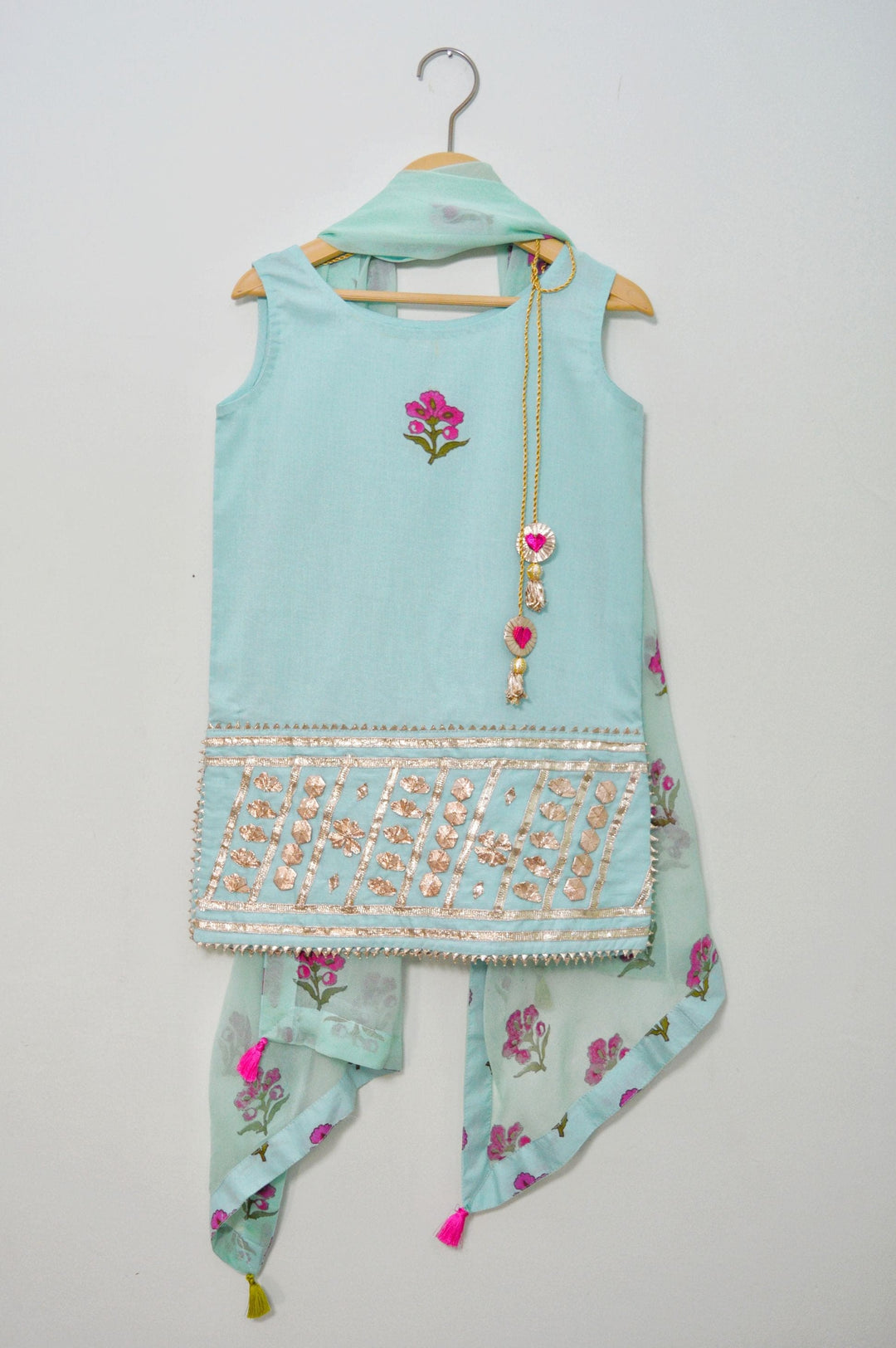 Little Girls Light Turquoise Blockprinted Gharara Set